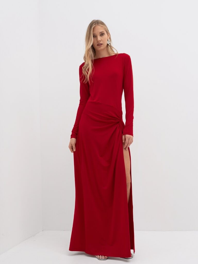 Картинка Платье трикотажное макси с разрезом красное от магазина